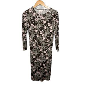 Tory Burch Floral Printed Silk Long Sleeve Maxi Dress sz XS Lined Side Zip Brown